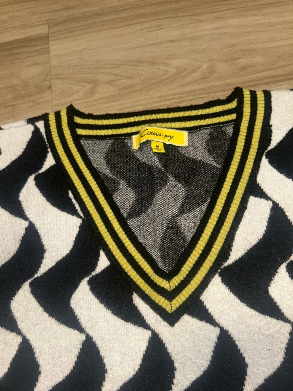 Men's Black & White Wave V-Neck Sweater Vest with Yellow Trim